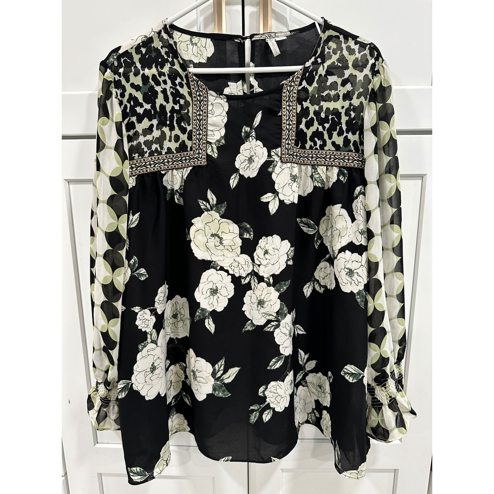 Cato Womens 18/20W Mixed Print Floral Leopard Blouse Black Sage Green